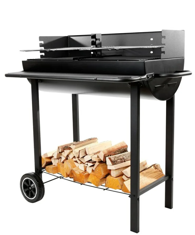 Чёрный мангал-гриль на колёсах с полкой для дров и регулируемой решёткой