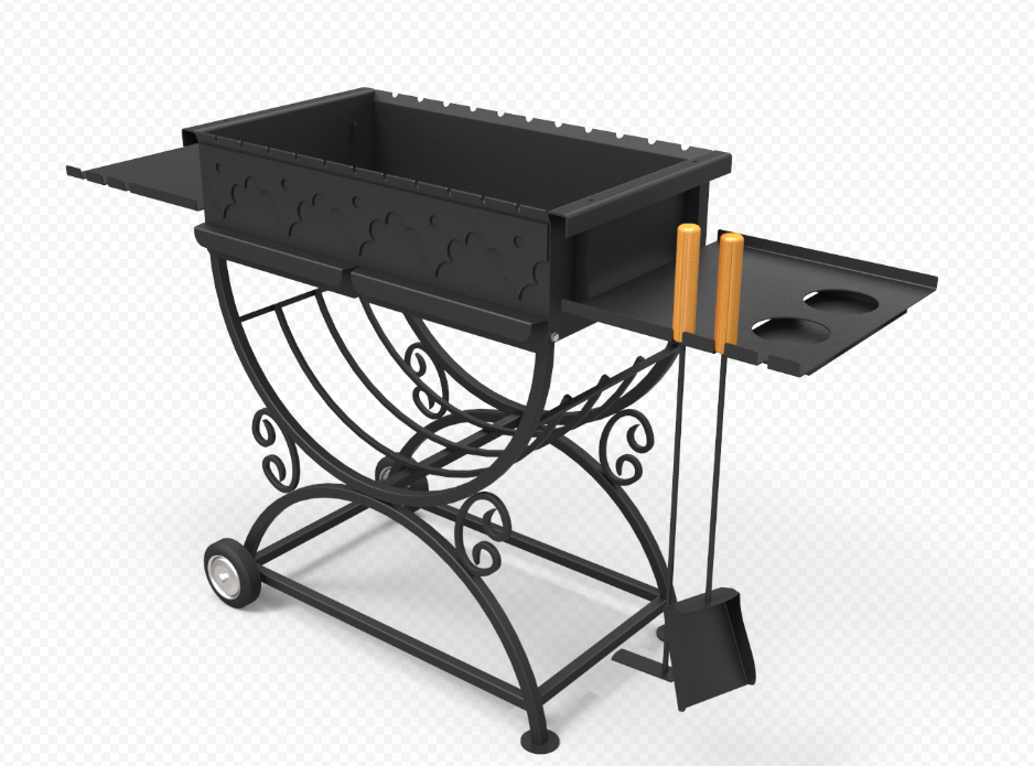 Мангал с кованым основанием, боковыми столиками и полкой для дров