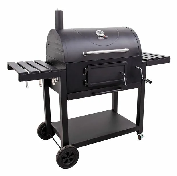 Бочкообразный гриль с термометром на крышке и боковыми столиками